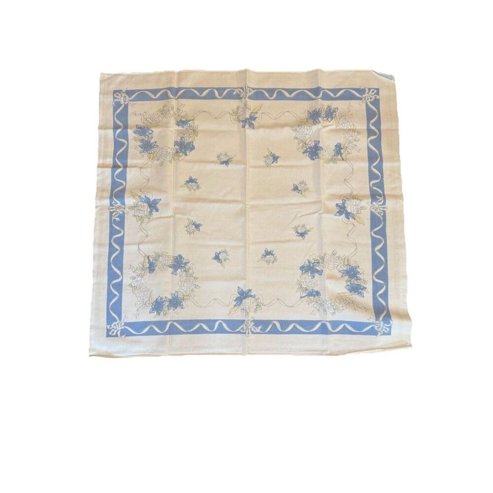 Vintage Tablecloth Blue And White Flowers 1950's Linen, Cotton 51” X 49”